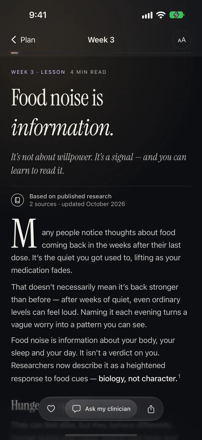 Week 3 lesson, “Food noise is information.” — a four-minute read based on published research.