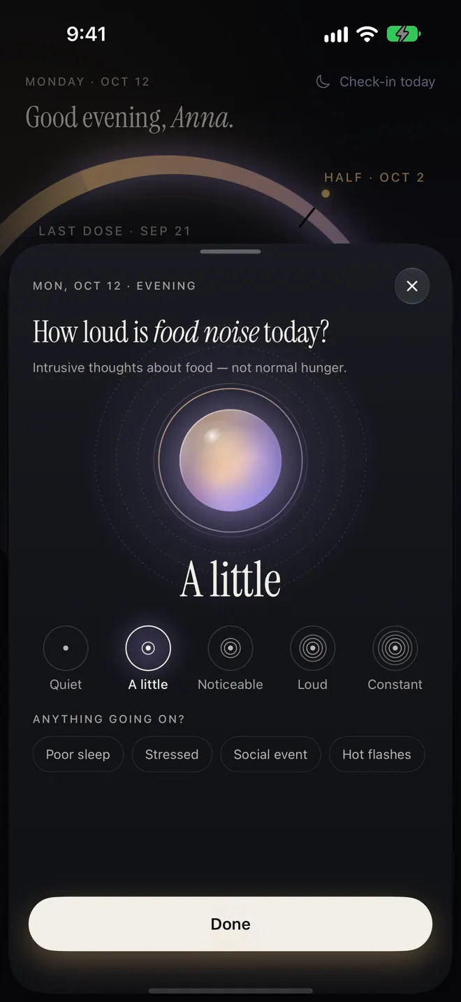 Daily check-in: “How loud is food noise today?” with five choices from Quiet to Constant and tags like Poor sleep and Stressed.