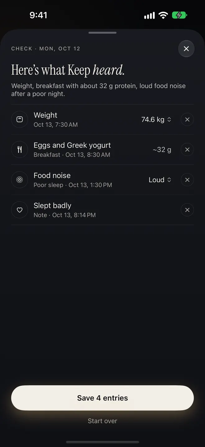 Keep’s confirm screen, “Here’s what Keep heard”: weight 74.6 kg, eggs and Greek yogurt with about 32 g protein, food noise loud, slept badly — and a Save 4 entries button.