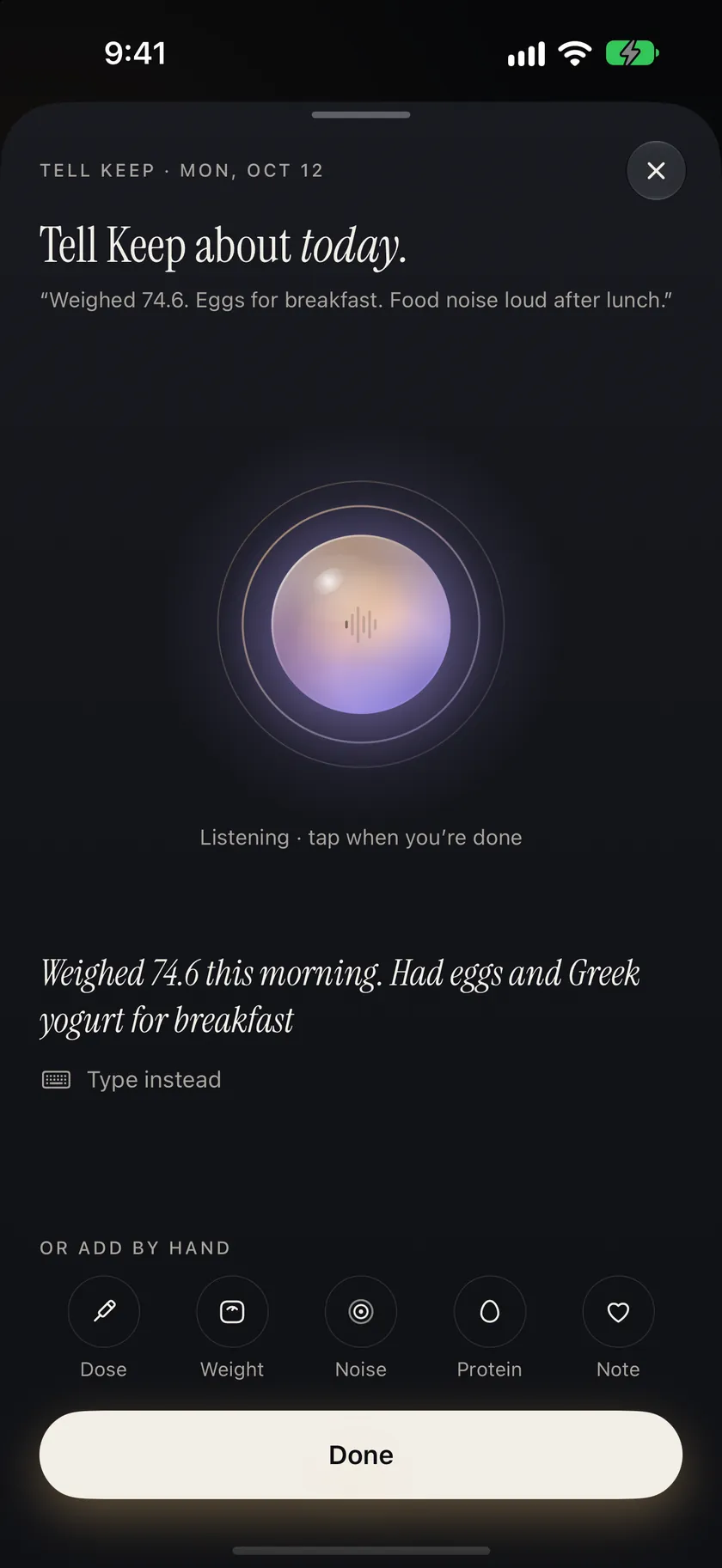 Keep’s voice screen: “Tell Keep about today”, with a glowing microphone orb and the line “Tap to talk · voice stays on this iPhone”.